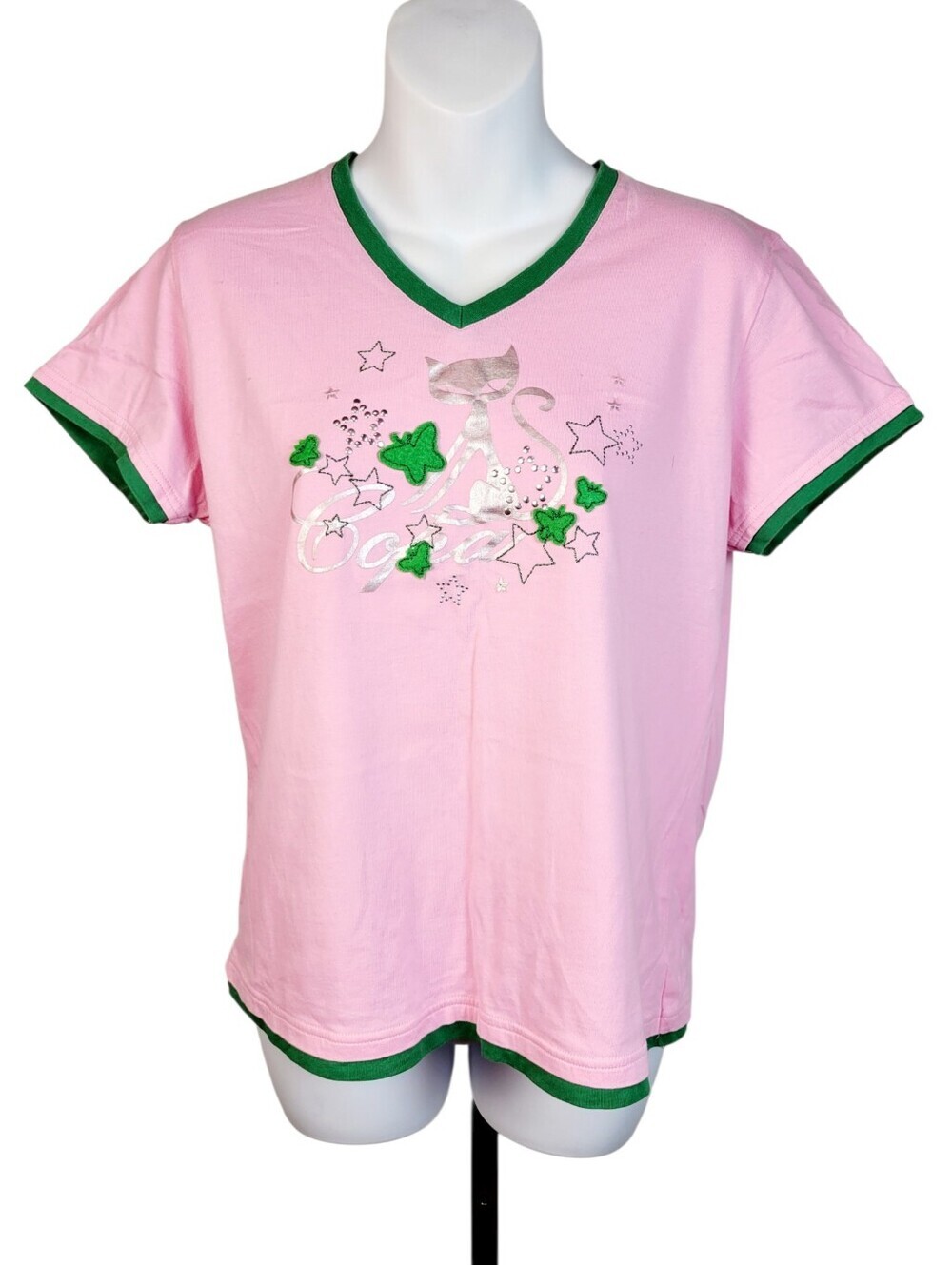 2/$20 Y2K Pink & Green Kitten Graphic Tee T-shirt Top Size: Large